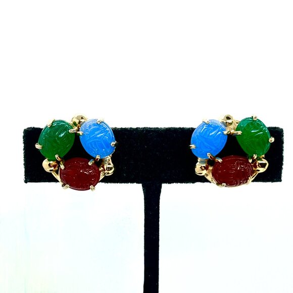 vintage Jewelry - Vintage GLASS SCARAB Earrings Egyptian Revival Gold Tone Screwback